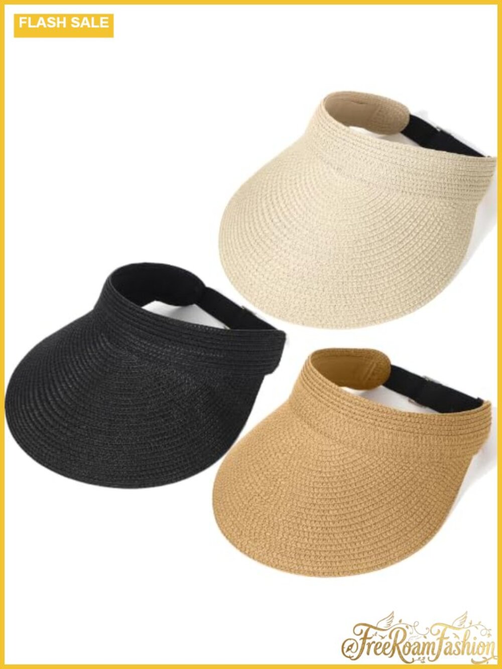 3 Pack Paper Straw Sun Visor Hats Wide Brim UPF 50+ Adjustable Packable